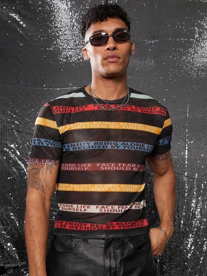 Bonga Boys Semi Sheer Sexy Round Neck Short Sleeve Mesh Fabric Digital Print Stripe T-Shirt Men